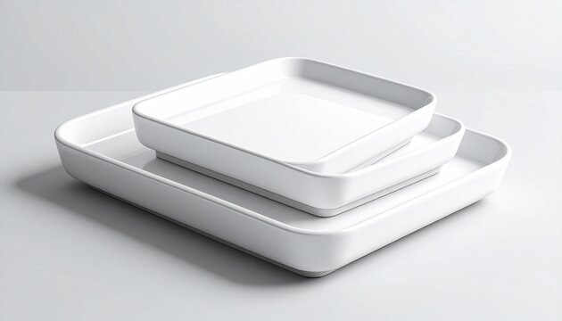 A nested stack of three white ceramic trays with rounded corners, displayed on a clean white background.