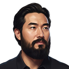 Portrait of an Asian Man with Full Beard and Dark Hair Wearing a Black Collared Shirt Captured in Studio Lighting with a Dark Background