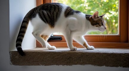 Curious feline journey: A tabby cat exploring its window perch with elegant movements and natural