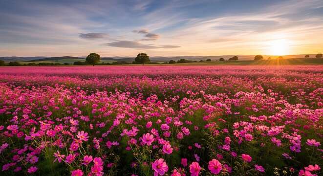 The main subject of the image is a field of pink flowers (likely poppies or cosmos) bathed in - Powered by Adobe