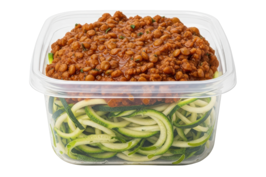 Healthy meal prep container with zucchini noodles and lentil sauce isolated on transparent background