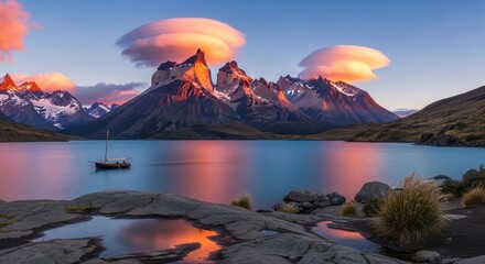 Majestic peaks meet serene waters a symphony of nature's artistry unfolds at twilight hour