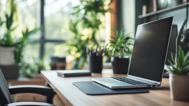 A modern office workspace features a laptop on a wooden desk, surrounded by plants and natural light, creating a productive and calming atmosphere.