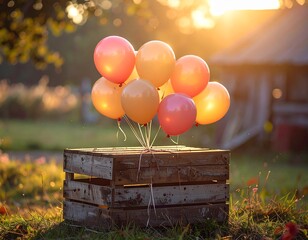 Balloons tied to a wooden crate in a sunlit field.