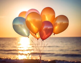 Balloons floating against a sunset over the ocean.
