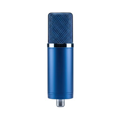 Professional Blue Condenser Microphone Isolated on Black Background for Audio Recording and Broadcasting Studio Equipment