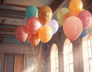 Colorful Balloons Floating Near Windows in a Bright Room.