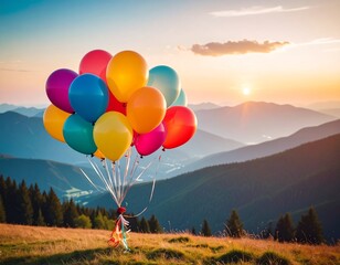 Colorful Balloons Soaring Above Mountain Landscape at Sunset.