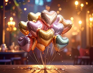 Romantic Heart Balloons on a Wooden Table in Restaurant.