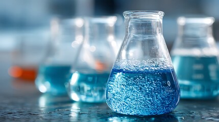 Studying Blue Liquid with Bubbles in Glass Flasks for Science