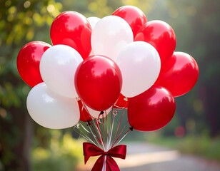 Festive Red and White Balloons Bouquet with Ribbon.