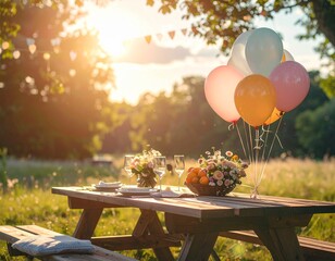 Outdoor Celebration - Picnic Table with Balloons in Sunny Meadow.