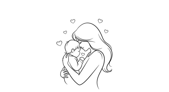 Tender mother and baby embrace, loving connection, line art illustration with floating hearts.