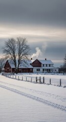 Tranquil snowy farmstead amidst a gray sky evokes winter's quiet beauty and rural charm