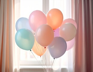 Pastel Balloons Floating in Front of a Window.