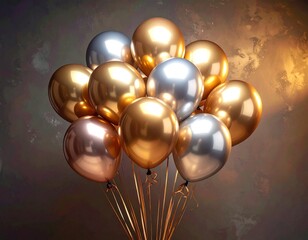 Bunch of shiny gold, silver and bronze balloons for party.