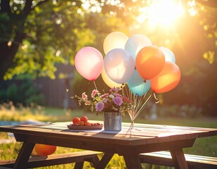 Celebration in the Sun - Balloons, Flowers, and Picnic Table.