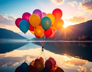 Colorful Balloons Floating Over Serene Lake at Sunset.