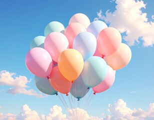 Pastel Balloons Floating in a Dreamy Sky with Clouds.