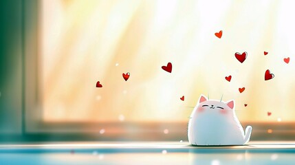A fluffy white cat sits contentedly as red hearts float around it, creating a feeling of love and happiness.