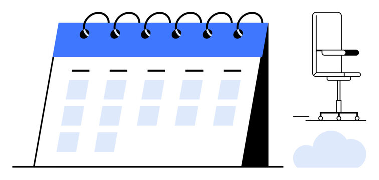 Spiral-bound desk calendar marked with dates joined by an office chair and abstract cloud. Ideal for planning, organization, productivity, time management, work-life balance, office setup, simple