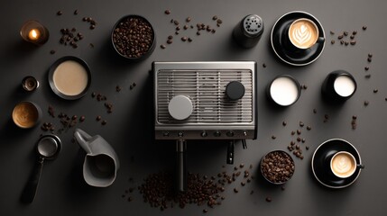 Top-down shot of barista workspace, coffee tools, beans, cups, and notebook, moody natural light, minimalist aesthetic