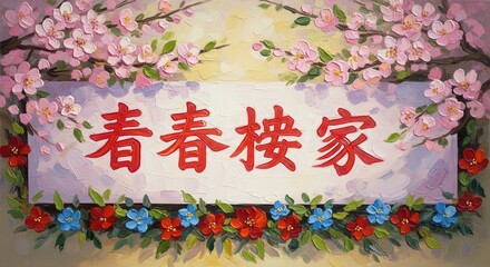 Vibrant painting showcasing traditional chinese characters amidst spring flowers display the