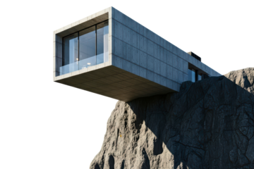 Minimalist building with a flat roof overlooking the ocean from a cliff isolated on transparent background