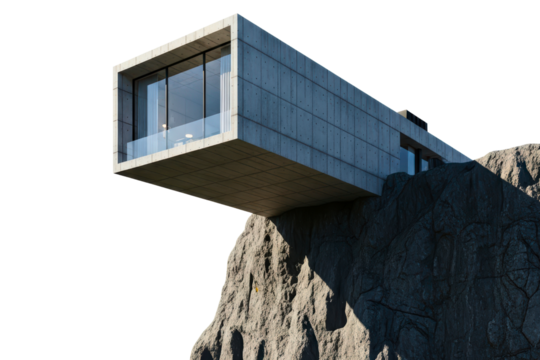 Minimalist building with a flat roof overlooking the ocean from a cliff isolated on transparent background - Powered by Adobe