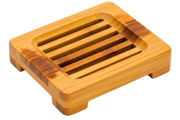 Slotted rectangular bamboo wood soap dish for the bathroom isolated on transparent background