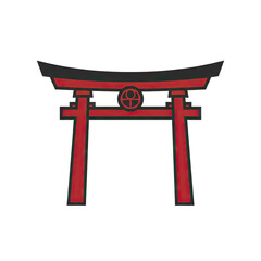 Red Torii Gate With Black Curved Roof And Subtle Circle Symbol In Center Isolated On Black Background