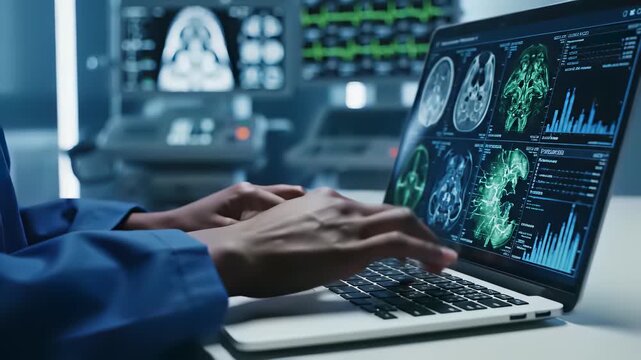Researchers hands skillfully type away on a laptop as a brain scan MRI image dominates the background, conceptually representing scientific discovery and technological innovation in a futuristic.