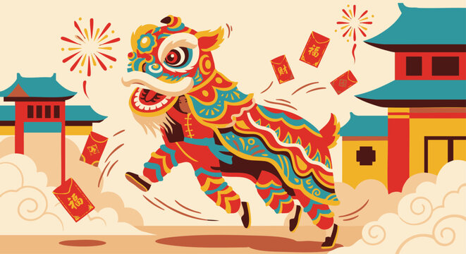 Prosperity Lion Dance
flat vector style, Illustration of a colorful lion dance performer jumping in mid-air, detailed textures, red envelopes flying around, traditional New Year energy and excitement.