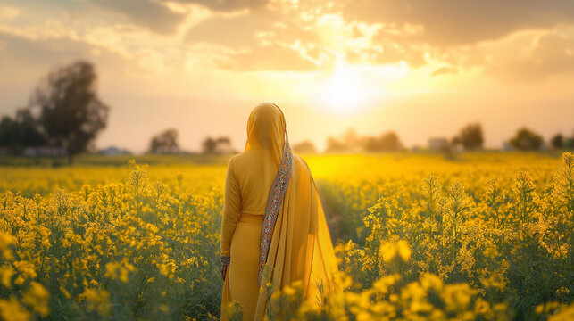 Woman in yellow dress walking through blooming mustard field