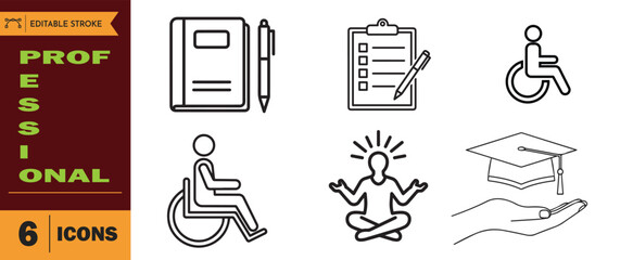 Set of six professional and accessibility line icons including notebook, clipboard, person in wheelchair, meditation, and graduation cap