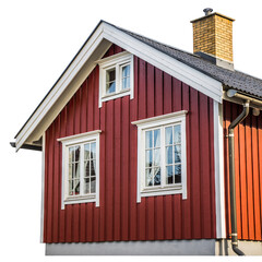 Red Wooden Cabin Exterior With White Trim And Windows Illuminated By Sunlight