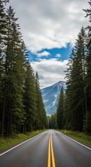 Journey through emerald forests: A scenic highway unfurls towards distant peaks beneath a tranquil