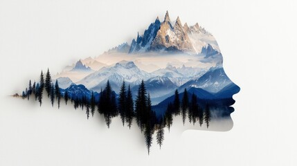 A silhouette of a woman's profile is filled with a scenic double exposure of snow-capped mountains and a dense pine forest.