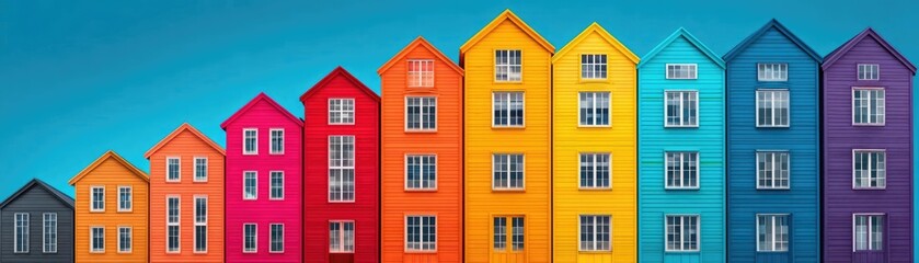 Fototapeta premium Housing market with rising property investment concept. Colorful houses create a vibrant urban skyline against a clear sky.