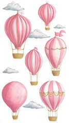 Pink hot air balloons with clouds isolated on white background