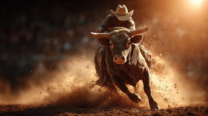 Exhilarating dusk contest with cowboy bull ride concept. A cowboy riding a bull through dusty terrain in a rodeo.