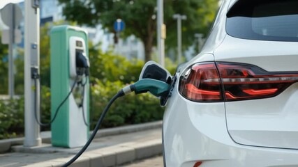 An EV or electric vehicle at a charging station with its power cable plugged in. A sustainable, environmentally friendly energy concept. 4k video. - Powered by Adobe