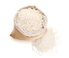 Sack with raw rice isolated on white background, top view