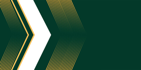 Modern abstract background with dark green, white, and gold geometric chevron shapes and fine lines pointing right.