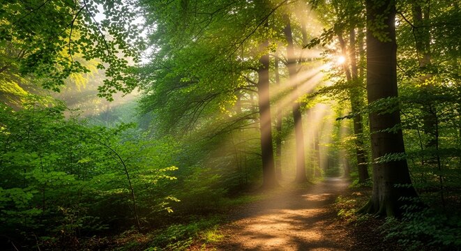 Golden Sun Rays Pierce Through Lush Green Forest Canopy on a Serene Path