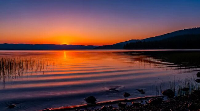 Dramatic Lake Sunrise: Golden Reflection and Mountain Silhouette on Still Water Surface