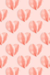 Minimalist pastel composition featuring delicate pink feathers arranged as heart shapes on soft rose background. Concept of love, tenderness, and romance, holiday greetings for Valentine Day, wedding.