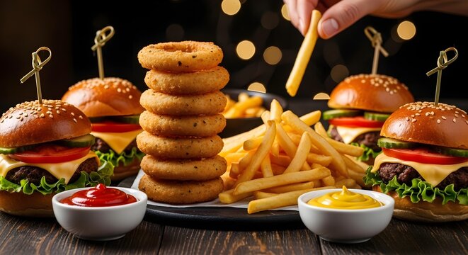 Burgers fries and onion rings - Powered by Adobe