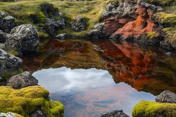 Reflecting pool in a volcanic landscape.  Tranquil water mirrors the vibrant landscape