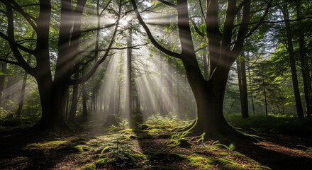 Obraz premium A serene forest scene with sunlight filtering through the large trees, creating dramatic beams of light between the green trunks and leaves.